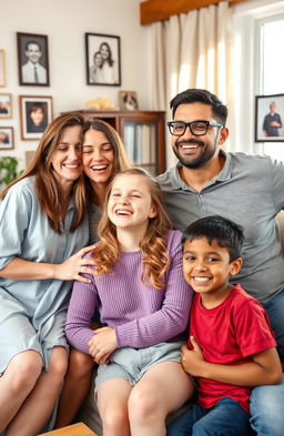 A joyful family portrait showcasing a diverse group of four family members inside their cozy living room