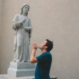 A person devoutly worshipping a statue