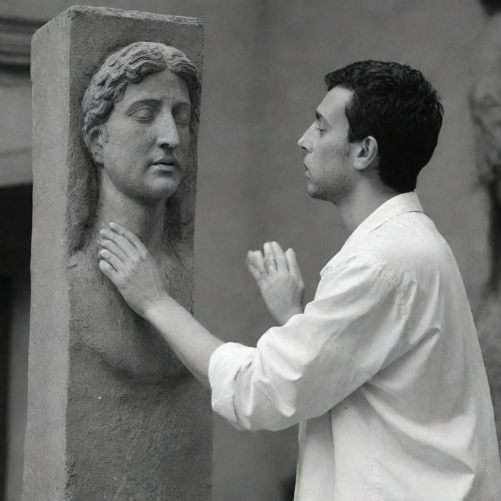 A person devoutly worshipping a statue