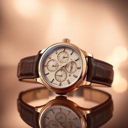 An exquisite and luxurious Patek Philippe Grandmaster Chime watch, showcasing its intricate dial with multiple complications, prominently featuring both analog and digital displays, in a stunning rose gold case with an elegant leather strap