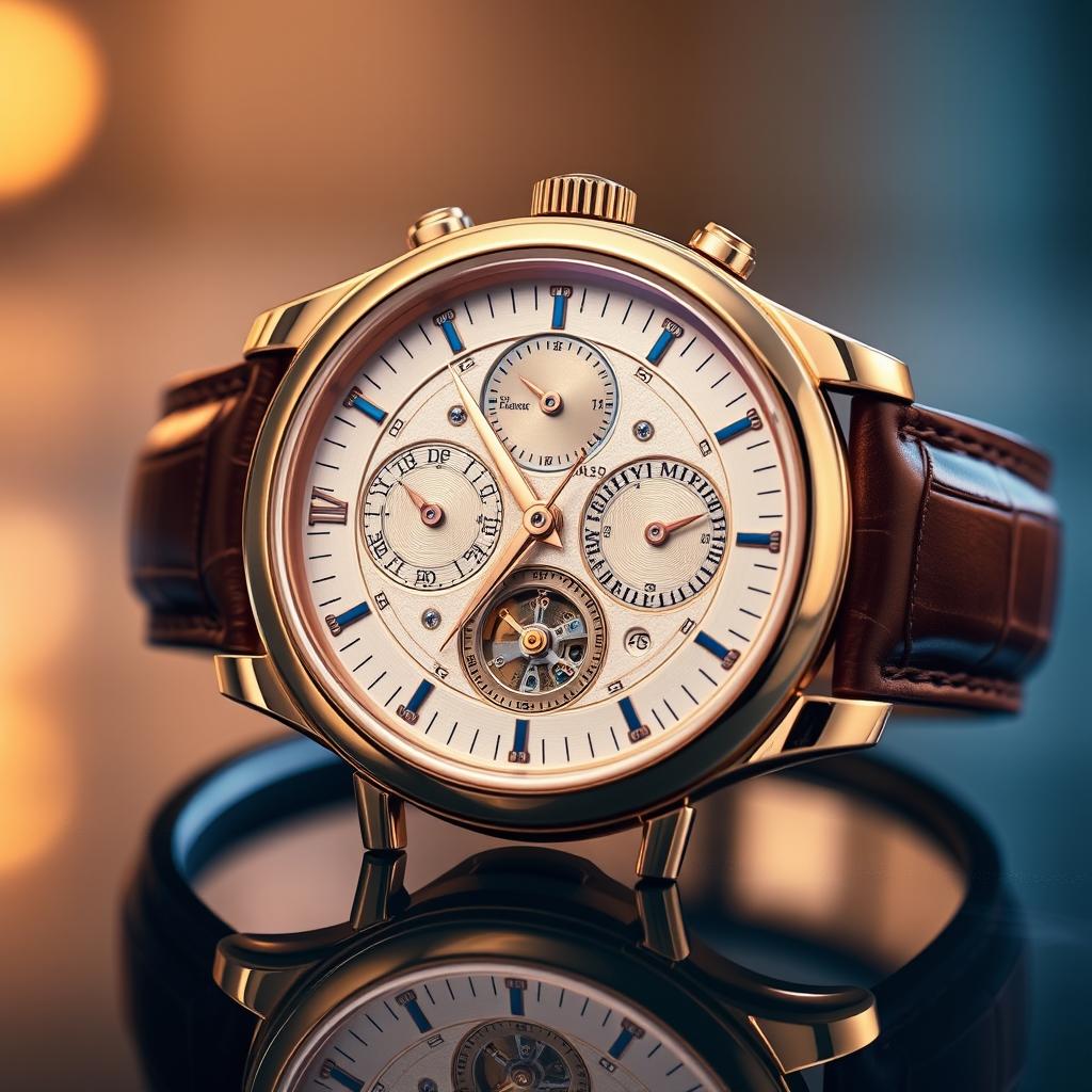 An exquisite and luxurious Patek Philippe Grandmaster Chime watch, showcasing its intricate dial with multiple complications, prominently featuring both analog and digital displays, in a stunning rose gold case with an elegant leather strap