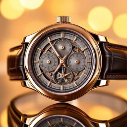 An exquisite and luxurious Patek Philippe Grandmaster Chime watch, showcasing its intricate dial with multiple complications, prominently featuring both analog and digital displays, in a stunning rose gold case with an elegant leather strap