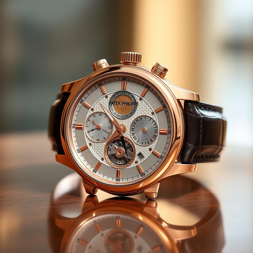 An exquisite and luxurious Patek Philippe Grandmaster Chime watch, showcasing its intricate dial with multiple complications, prominently featuring both analog and digital displays, in a stunning rose gold case with an elegant leather strap