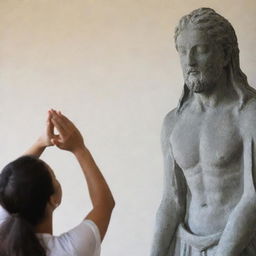 A person devoutly worshipping a statue