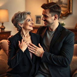 An artistic portrait of a young man and an older woman sharing a playful and intimate moment, with the young man gently pressing his hands against the woman's chest in a light-hearted manner