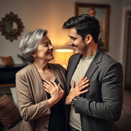 An artistic portrait of a young man and an older woman sharing a playful and intimate moment, with the young man gently pressing his hands against the woman's chest in a light-hearted manner