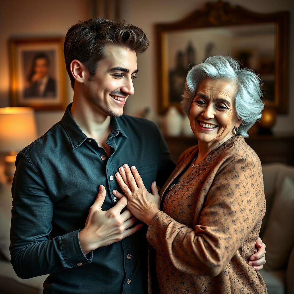 An artistic portrait of a young man and an older woman sharing a playful and intimate moment, with the young man gently pressing his hands against the woman's chest in a light-hearted manner