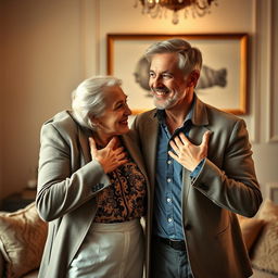 An artistic portrait of a young man and an older woman sharing a playful and intimate moment, with the young man gently pressing his hands against the woman's chest in a light-hearted manner