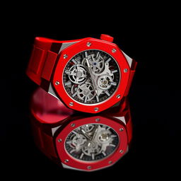 A stunning Audemars Piguet openworked watch crafted from vibrant red ceramic, showcasing its intricate skeletonized dial that displays mesmerizing gears and movements