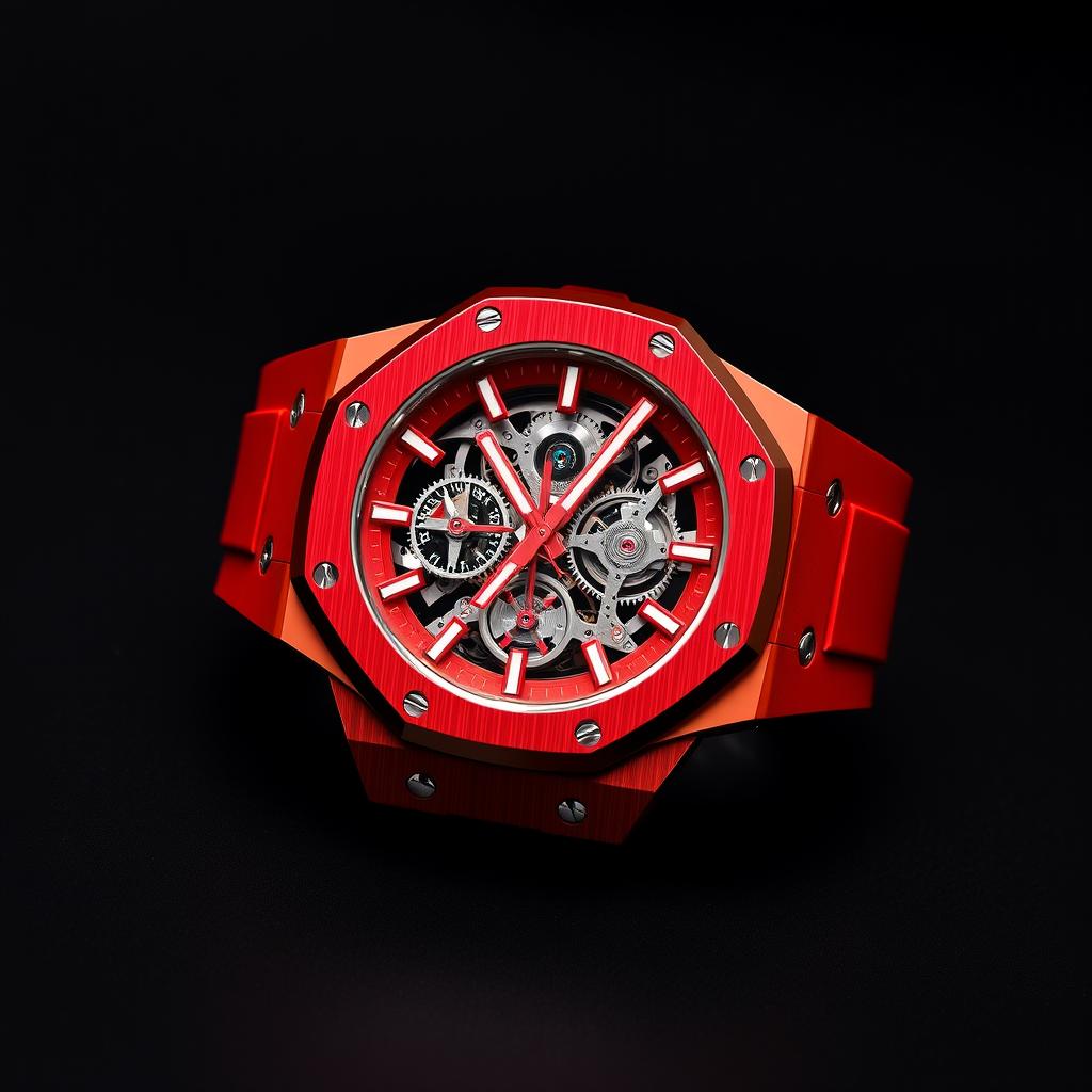 A stunning Audemars Piguet openworked watch crafted from vibrant red ceramic, showcasing its intricate skeletonized dial that displays mesmerizing gears and movements