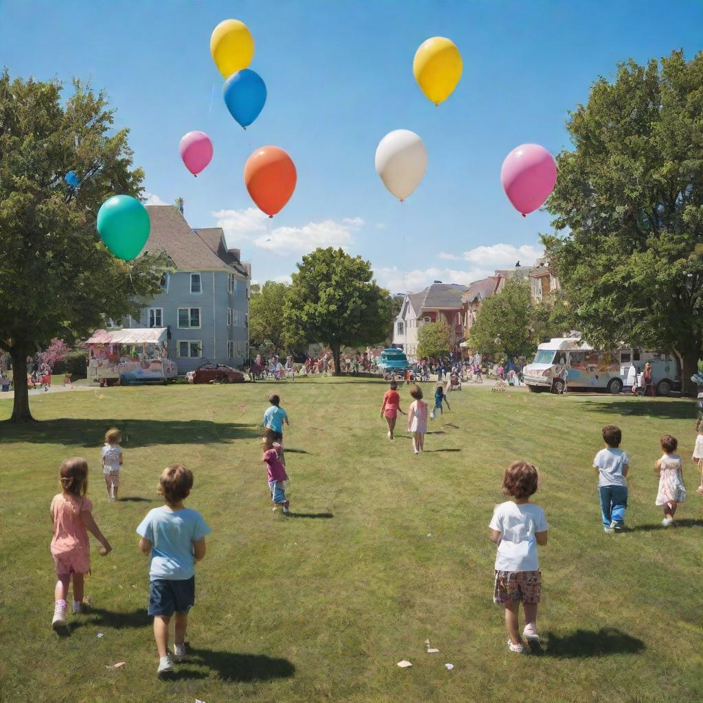 A nostalgic scene depicting a vivid childhood memory: children playing on a sunny day in a grassy park filled with colorful balloons and kites, while enjoying ice cream from a nearby ice cream truck.