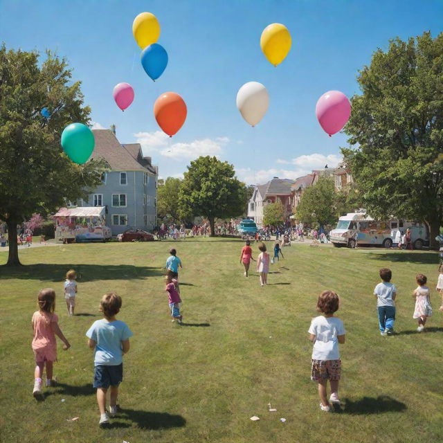 A nostalgic scene depicting a vivid childhood memory: children playing on a sunny day in a grassy park filled with colorful balloons and kites, while enjoying ice cream from a nearby ice cream truck.