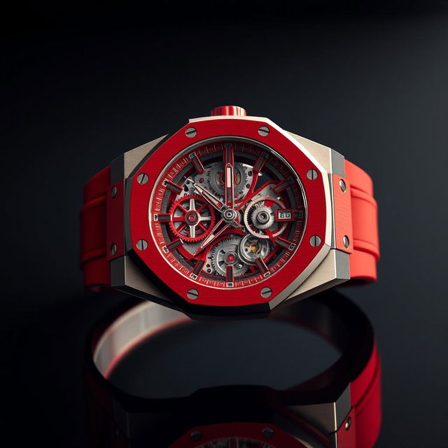 A stunning Audemars Piguet openworked watch crafted from vibrant red ceramic, showcasing its intricate skeletonized dial that displays mesmerizing gears and movements