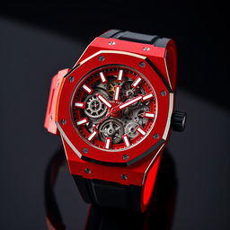 A stunning Audemars Piguet openworked watch crafted from vibrant red ceramic, showcasing its intricate skeletonized dial that displays mesmerizing gears and movements