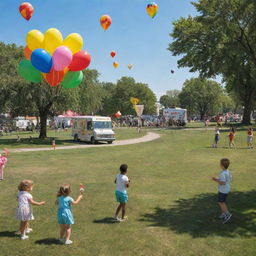 A nostalgic scene depicting a vivid childhood memory: children playing on a sunny day in a grassy park filled with colorful balloons and kites, while enjoying ice cream from a nearby ice cream truck.