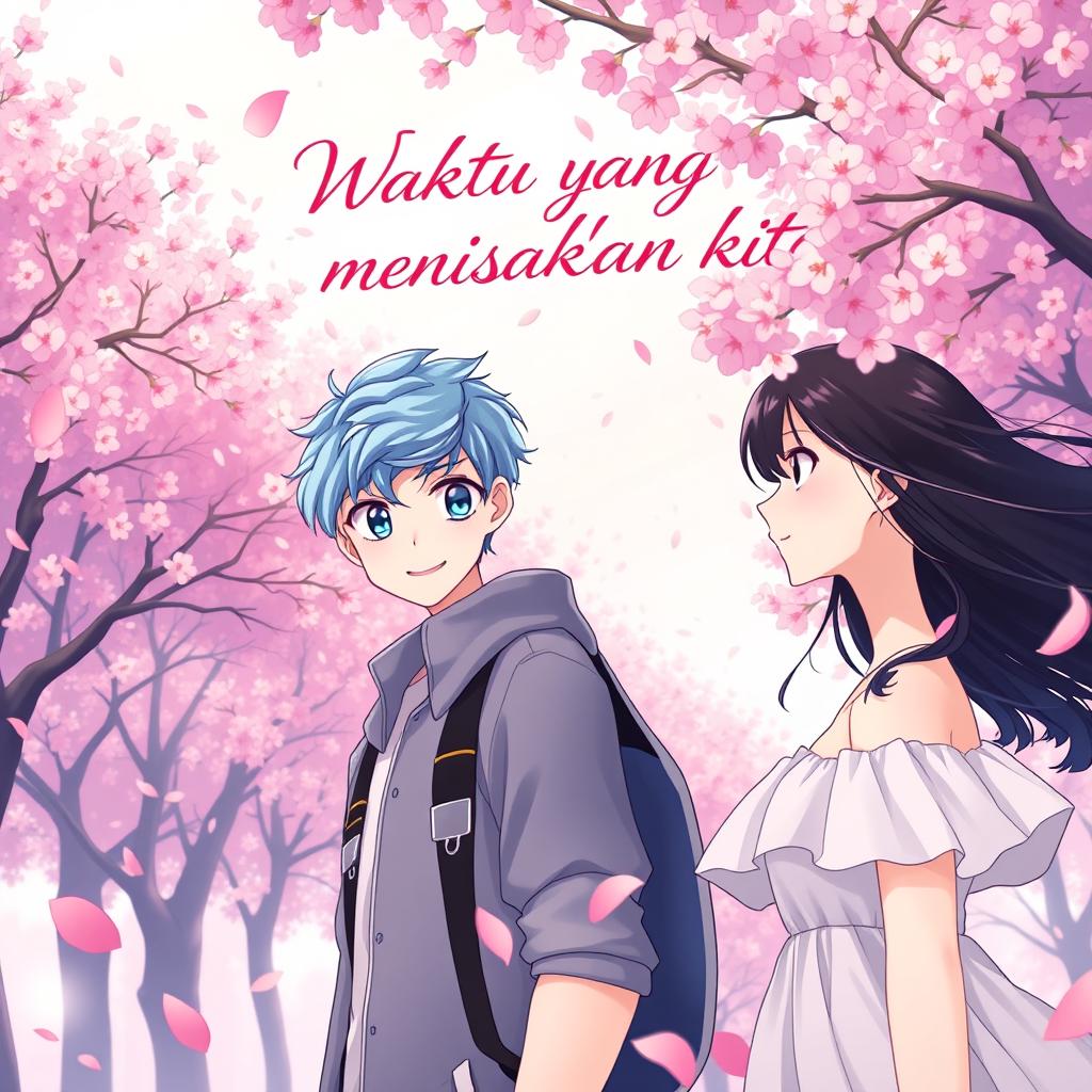 A captivating anime-style book cover for a romantic novel titled 'Waktu yang memisahkan kita'