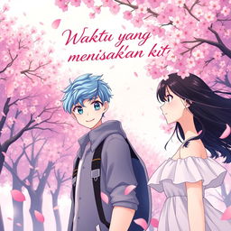 A captivating anime-style book cover for a romantic novel titled 'Waktu yang memisahkan kita'