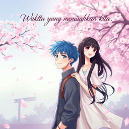 A captivating anime-style book cover for a romantic novel titled 'Waktu yang memisahkan kita'