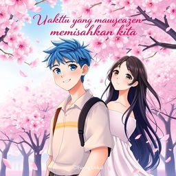 A captivating anime-style book cover for a romantic novel titled 'Waktu yang memisahkan kita'