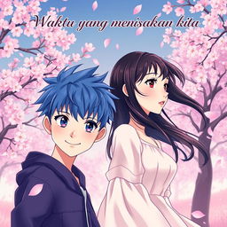 A captivating anime-style book cover for a romantic novel titled 'Waktu yang memisahkan kita'