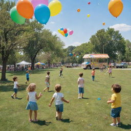 A nostalgic scene depicting a vivid childhood memory: children playing on a sunny day in a grassy park filled with colorful balloons and kites, while enjoying ice cream from a nearby ice cream truck.