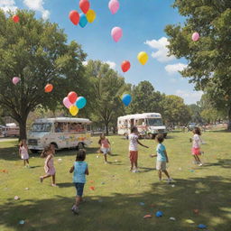 A nostalgic scene depicting a vivid childhood memory: children playing on a sunny day in a grassy park filled with colorful balloons and kites, while enjoying ice cream from a nearby ice cream truck.