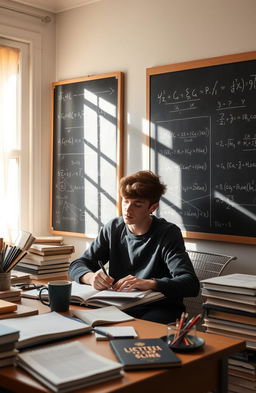 A cozy, well-lit study room filled with educational materials like textbooks, notebooks, and stationery