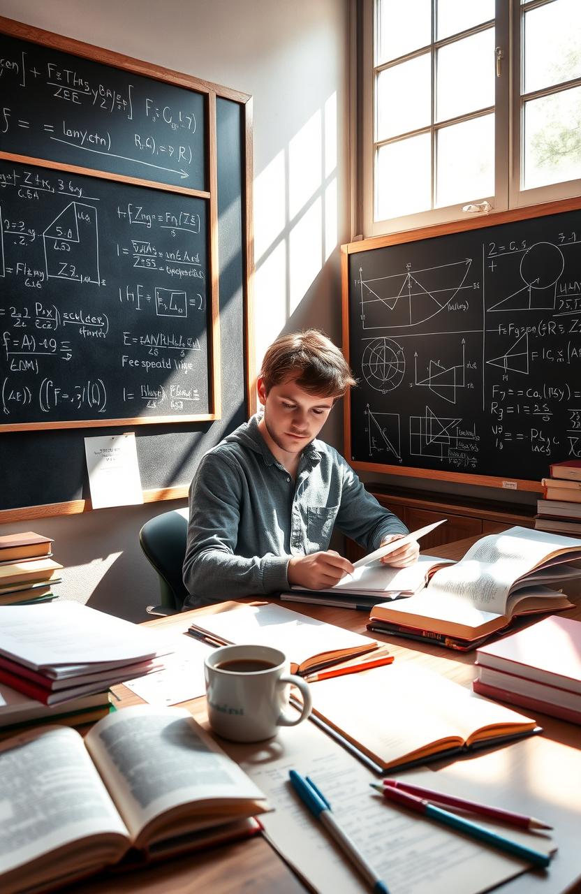 A cozy, well-lit study room filled with educational materials like textbooks, notebooks, and stationery