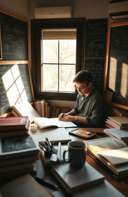 A cozy, well-lit study room filled with educational materials like textbooks, notebooks, and stationery