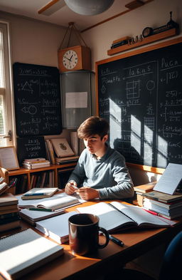 A cozy, well-lit study room filled with educational materials like textbooks, notebooks, and stationery