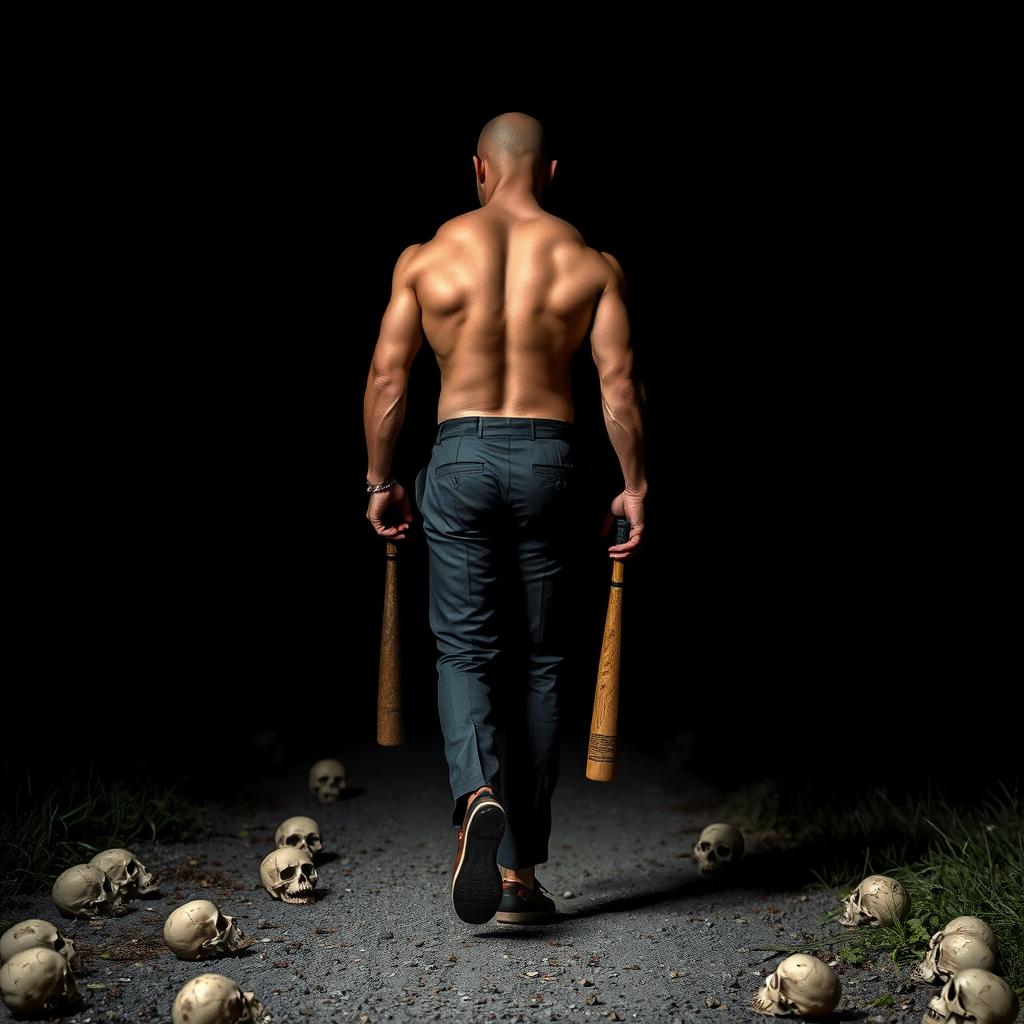 a very muscular man walking on a path, wearing form-fitting suit pants without a jacket, back facing the viewer, confidently holding a baseball bat at his side