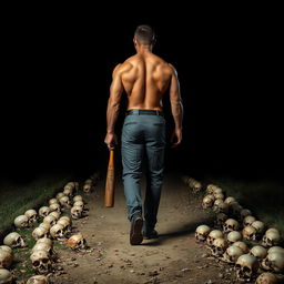 a very muscular man walking on a path, wearing form-fitting suit pants without a jacket, back facing the viewer, confidently holding a baseball bat at his side