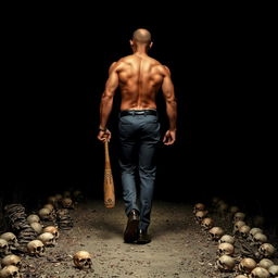 a very muscular man walking on a path, wearing form-fitting suit pants without a jacket, back facing the viewer, confidently holding a baseball bat at his side