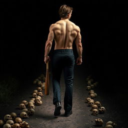 a very muscular man walking on a path, wearing black suit pants and no jacket, featuring brown wavy hair