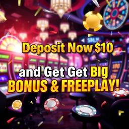 A captivating casino promotional graphic featuring bold text that reads 'Deposit Now $10 and Get Big Bonus & Freeplay!' The design includes a backdrop of an electrifying casino environment, showcasing bright lights, sparkling slot machines, and vibrant casino chips