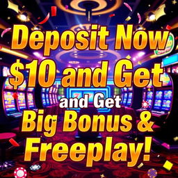 A captivating casino promotional graphic featuring bold text that reads 'Deposit Now $10 and Get Big Bonus & Freeplay!' The design includes a backdrop of an electrifying casino environment, showcasing bright lights, sparkling slot machines, and vibrant casino chips