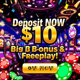 A captivating casino promotional graphic featuring bold text that reads 'Deposit Now $10 and Get Big Bonus & Freeplay!' The design includes a backdrop of an electrifying casino environment, showcasing bright lights, sparkling slot machines, and vibrant casino chips