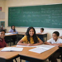 A well-lit, vibrant classroom filled with eager students of diverse backgrounds, sitting at their desks. At the front, a dedicated teacher is in the midst of an engaging lesson, standing before a chalkboard with diagrams 