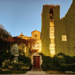 A nostalgic scene of an old school with ivy-covered walls, bell tower, and classic architecture, lit by the golden hues of a setting sun.