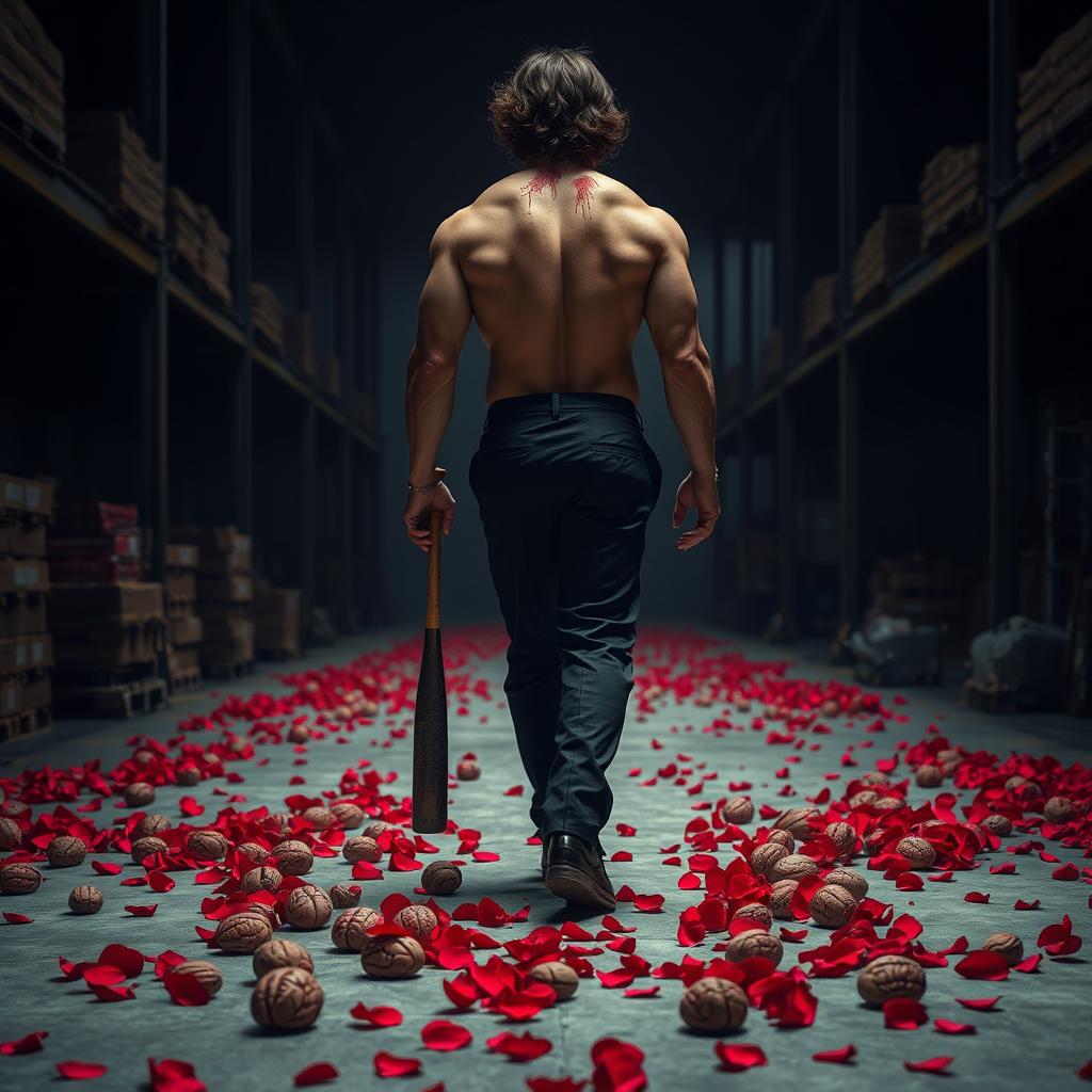 a tall, muscular, and intimidating man walking on a concrete path in a warehouse, wearing black suit pants and no jacket