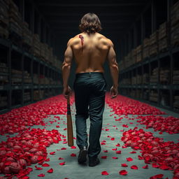 a tall, muscular, and intimidating man walking on a concrete path in a warehouse, wearing black suit pants and no jacket