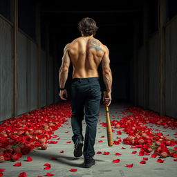 a tall, muscular, and intimidating man walking on a concrete path in a warehouse, wearing black suit pants and no jacket