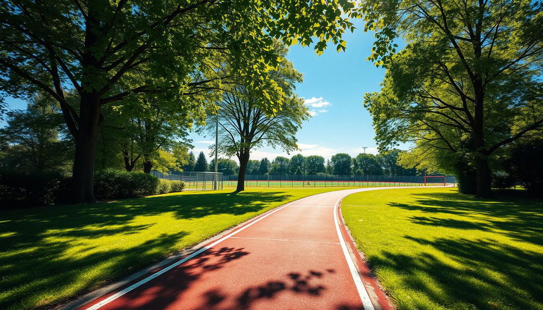 A vibrant outdoor scene showcasing a stunning athletic background, featuring a running track surrounded by lush green grass and trees