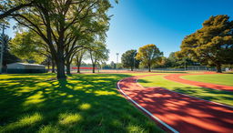 A vibrant outdoor scene showcasing a stunning athletic background, featuring a running track surrounded by lush green grass and trees