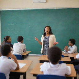 A well-lit, vibrant classroom filled with eager students of diverse backgrounds, sitting at their desks. At the front, a dedicated teacher is in the midst of an engaging lesson, standing before a chalkboard with diagrams 