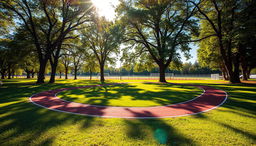 A vibrant outdoor scene showcasing a stunning athletic background, featuring a running track surrounded by lush green grass and trees