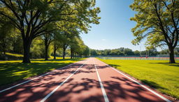 A vibrant outdoor scene showcasing a stunning athletic background, featuring a running track surrounded by lush green grass and trees