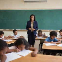 A well-lit, vibrant classroom filled with eager students of diverse backgrounds, sitting at their desks. At the front, a dedicated teacher is in the midst of an engaging lesson, standing before a chalkboard with diagrams 