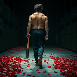 a tall, muscular, and intimidating man walking on a concrete path in a warehouse, wearing black suit pants and no jacket