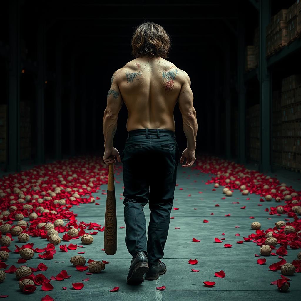 a tall, muscular, and intimidating man walking on a concrete path in a warehouse, wearing black suit pants and no jacket